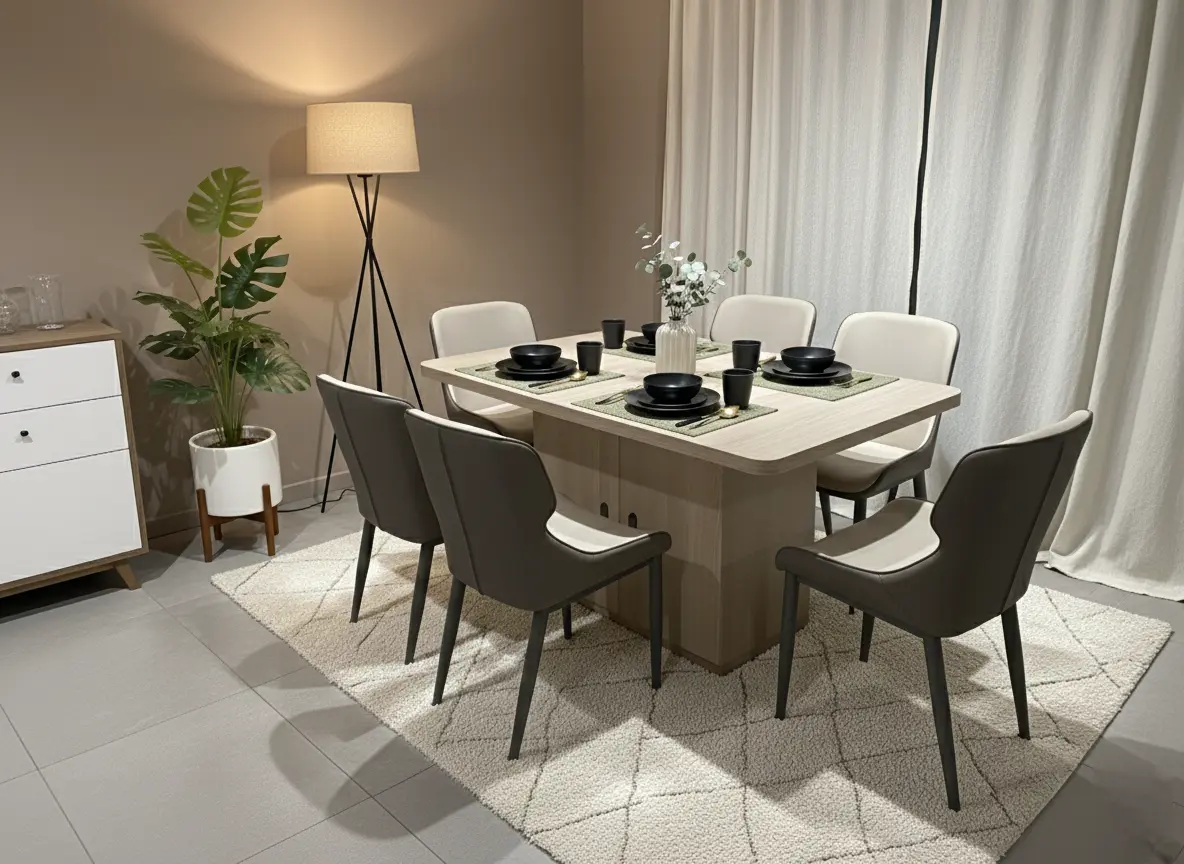 طقم طاولة طعام من الخشب الصلب لـ 6 مقاعد مع كراسي مبطنة – حديث وأنيق