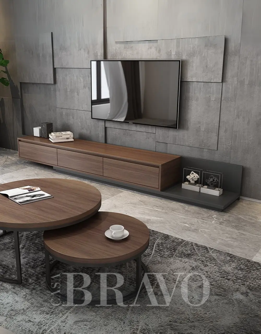 وحدة تلفزيون  الوسائط من خشب الجوز والأردواز