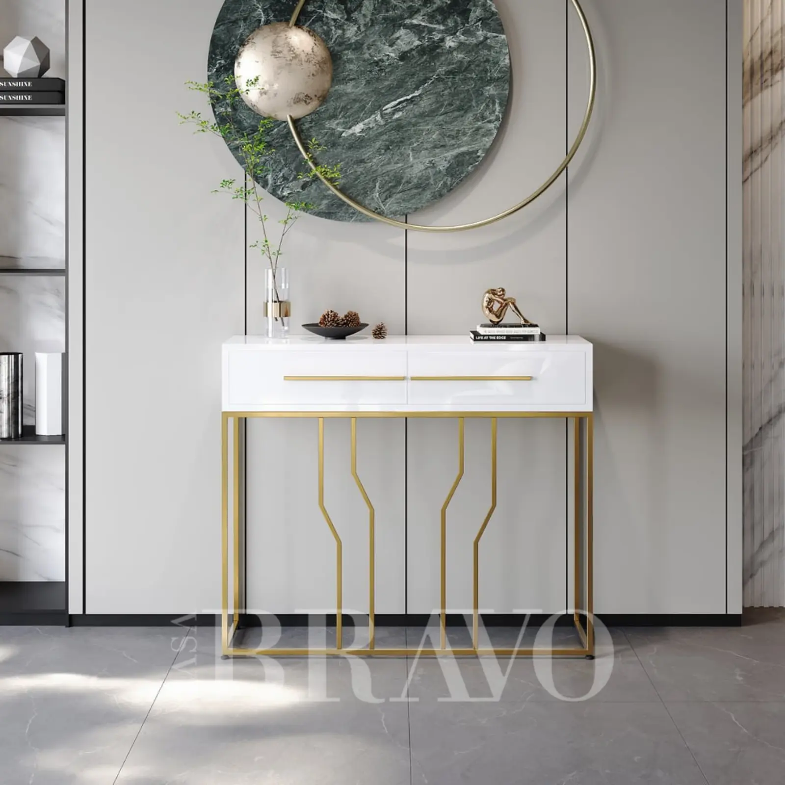 طاولة كونسول عصرية باللونين الأبيض والذهبي - سطح طاولة مصنوع من خشب عالي الكثافة مع إطار معدني