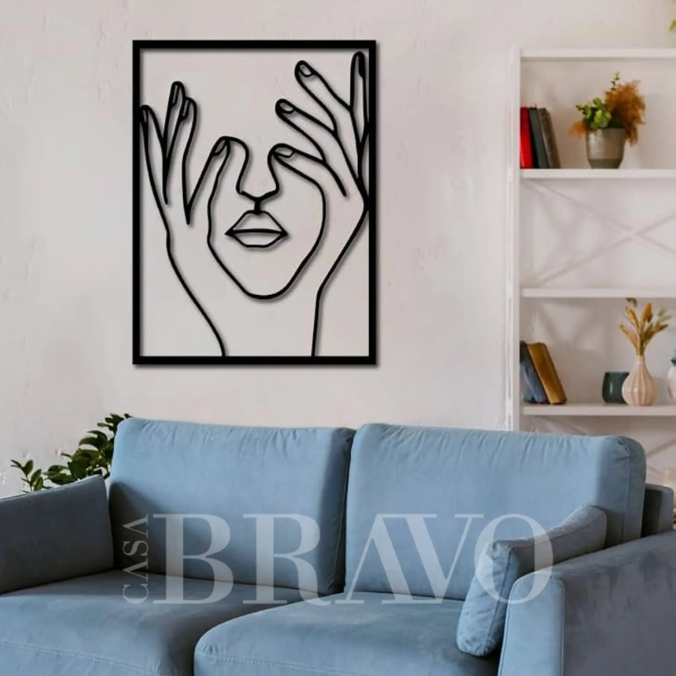 فن خط الوجه التجريدي - ديكور جداري من خشب MDF - نحت حديث وبسيط لأيدي تغطي العينين