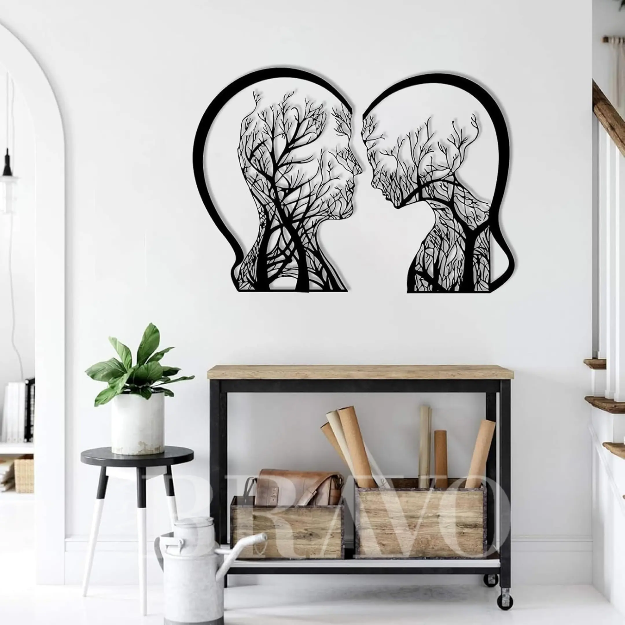 لوحة فنية جدارية من لوح متوسط ​​الكثافة (MDF) لصورة ظلية لزوجين مع أغصان شجرة - ديكور منزلي رومانسي مستوحى من الطبيعة