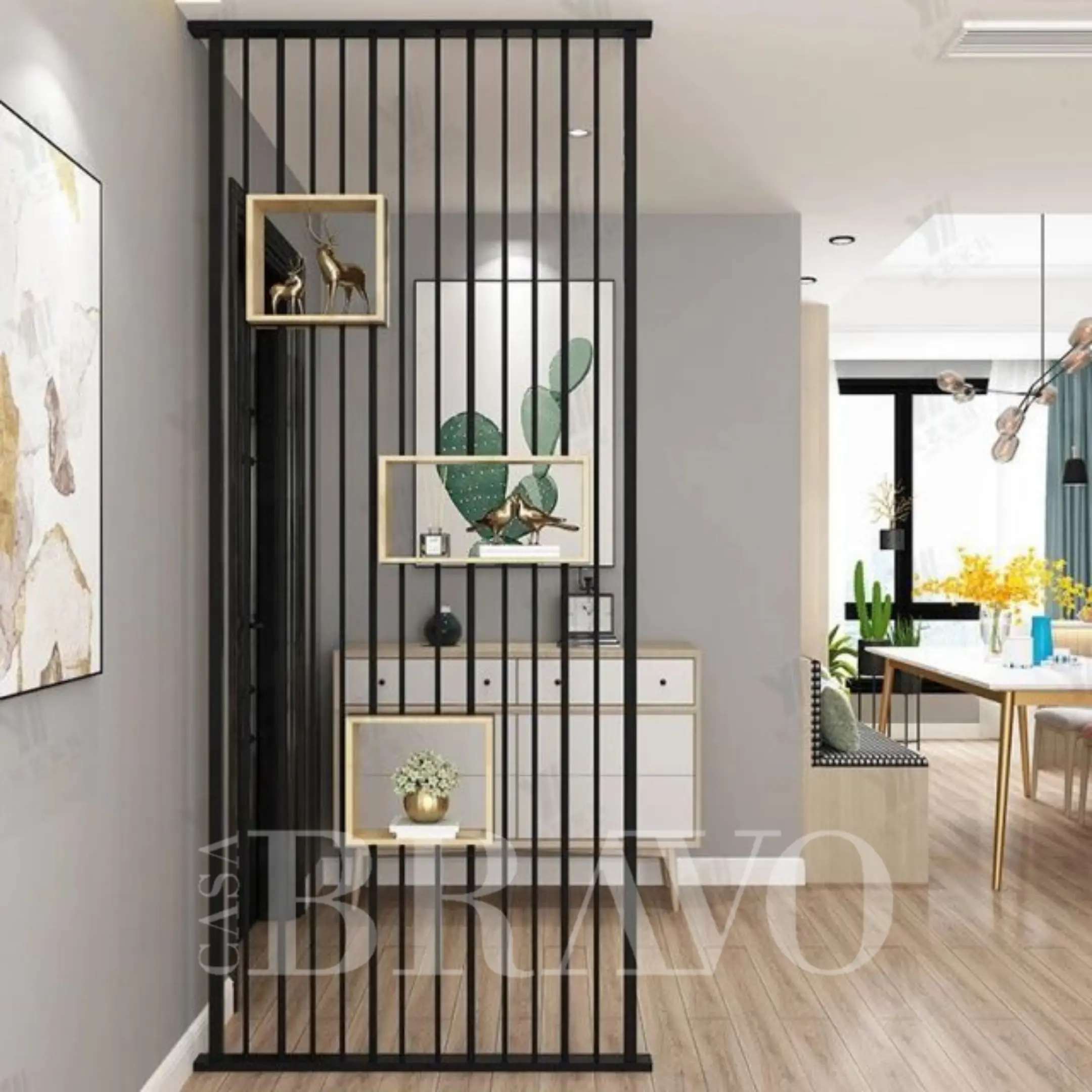 فاصل غرفة عمودي حديث مع رفوف عرض عائمة - شاشة تقسيم معدنية معاصرة