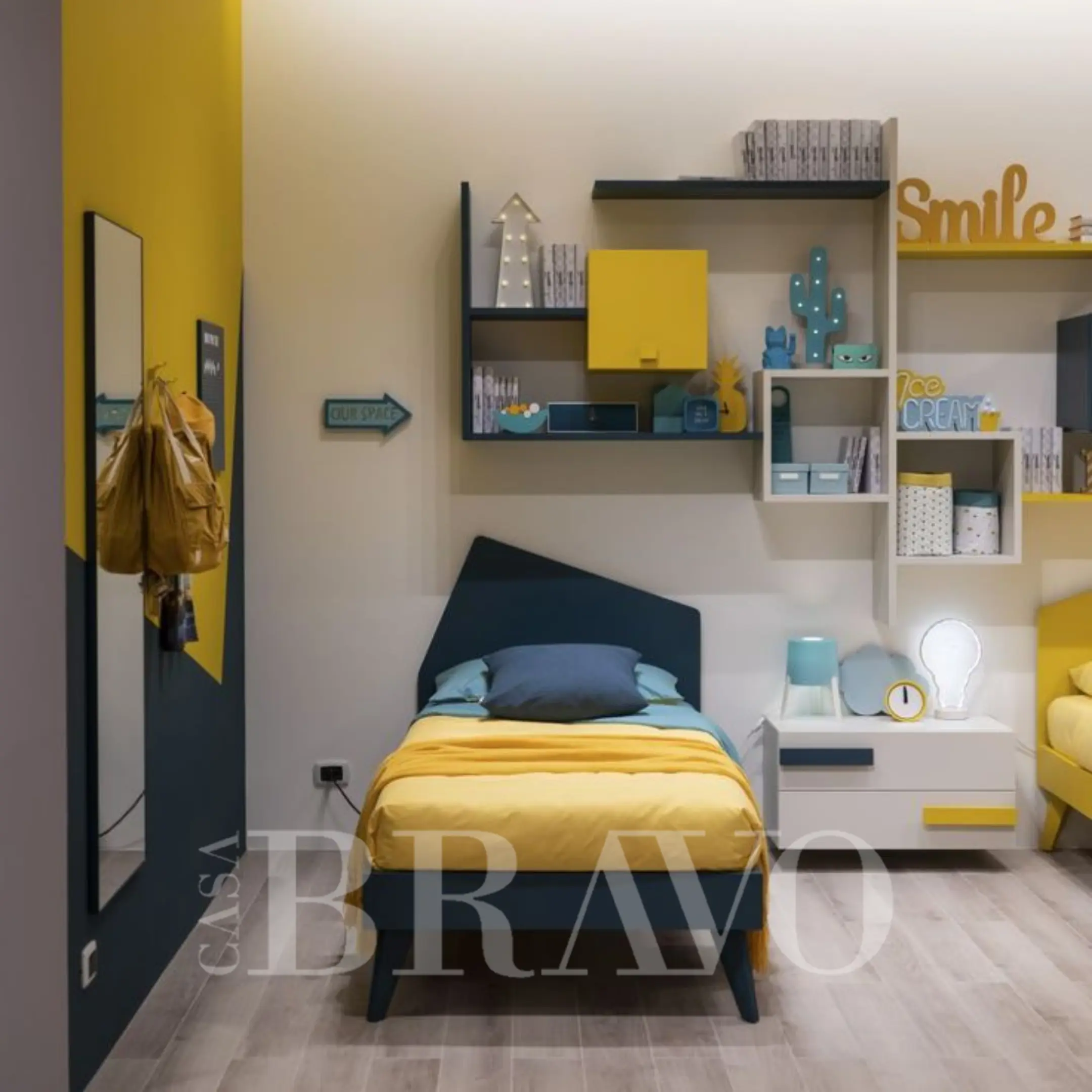 سرير أطفال هندسي مرح - أزرق داكن مع لوح رأس عصري 120*200 سم