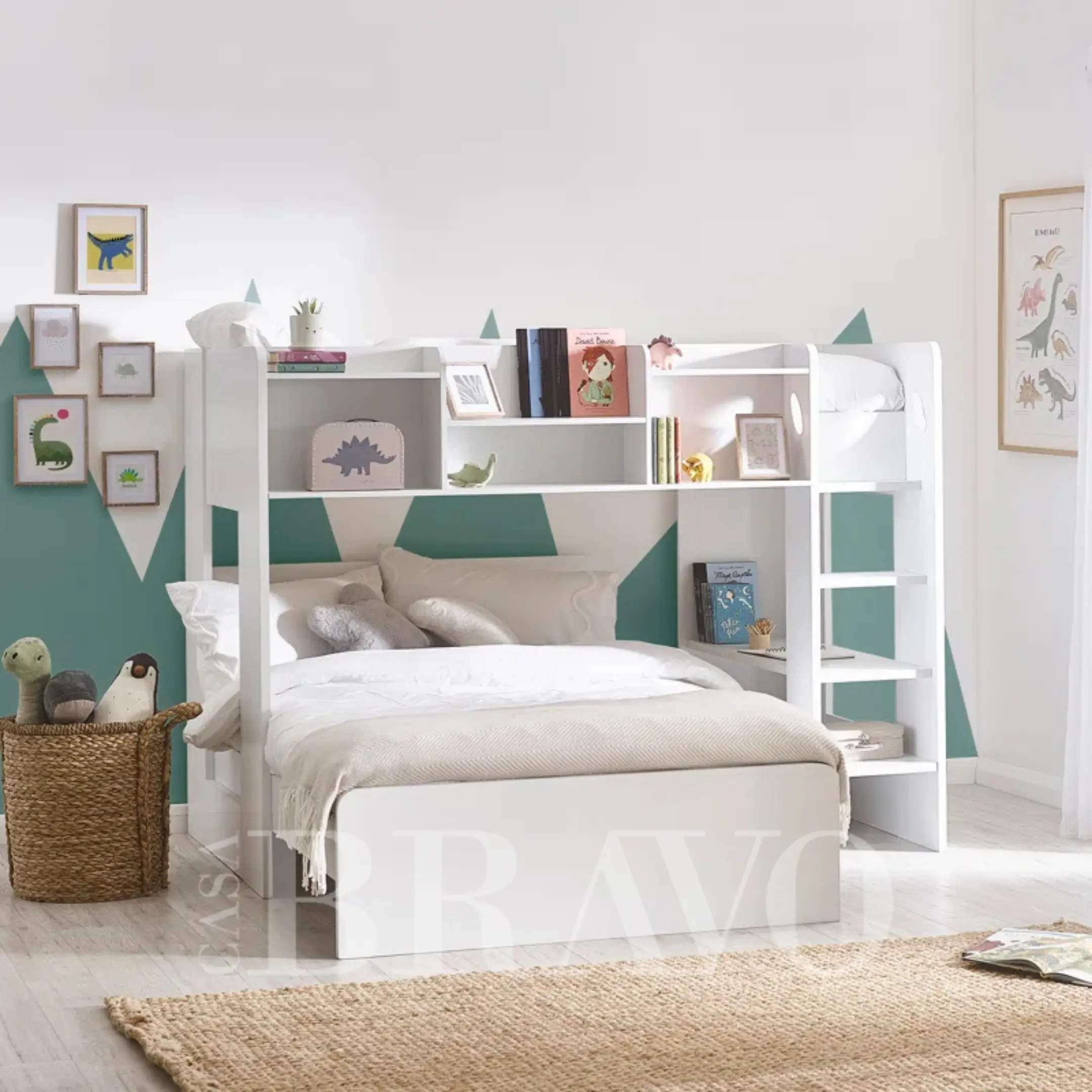 طقم سرير خشبي حديث بطابقين - تصميم مفتوح موفر للمساحة للأطفال 90×200 سم