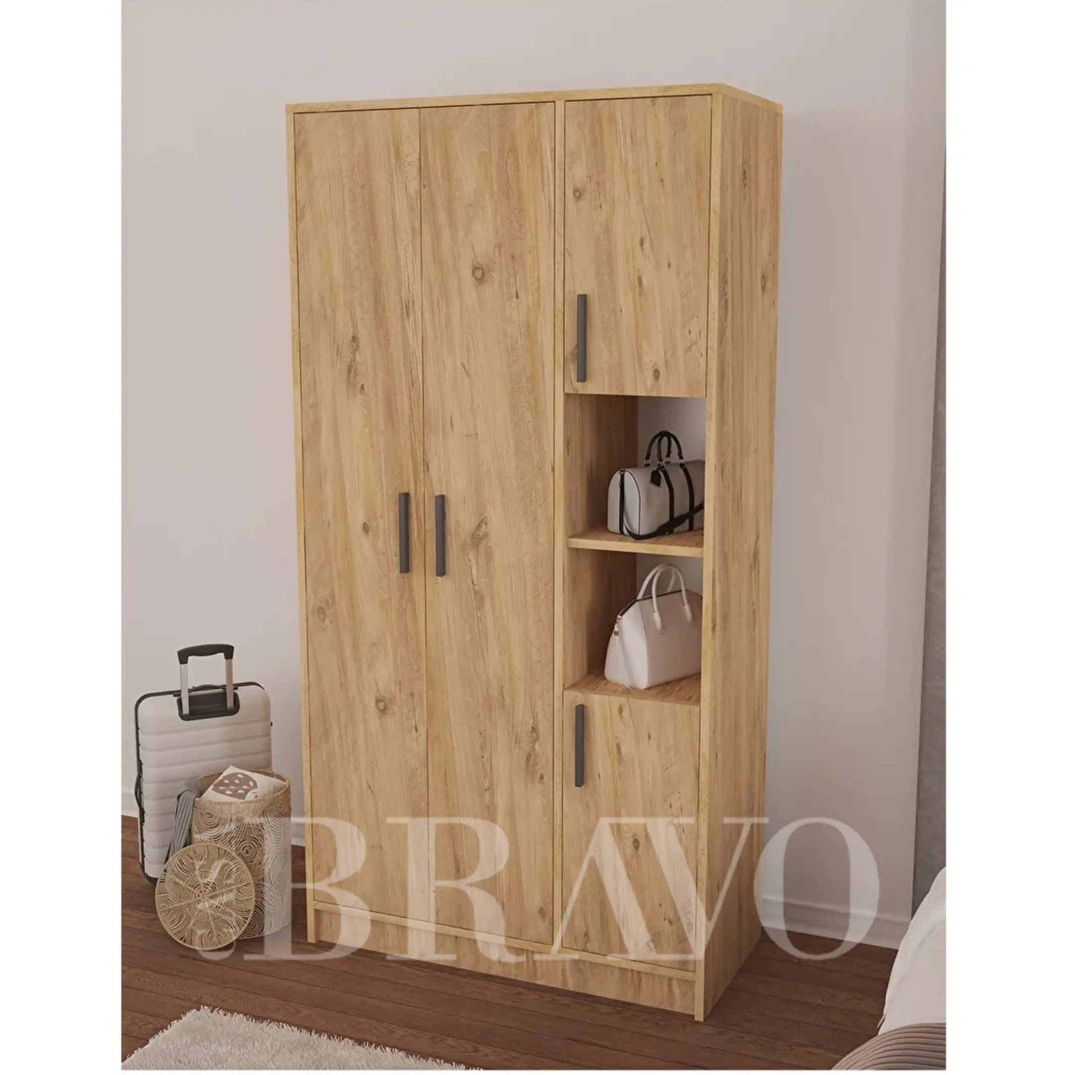 خزانة ملابس خشبية حديثة بثلاثة أبواب وأرفف مفتوحة - لمسة نهائية من خشب البلوط الطبيعي